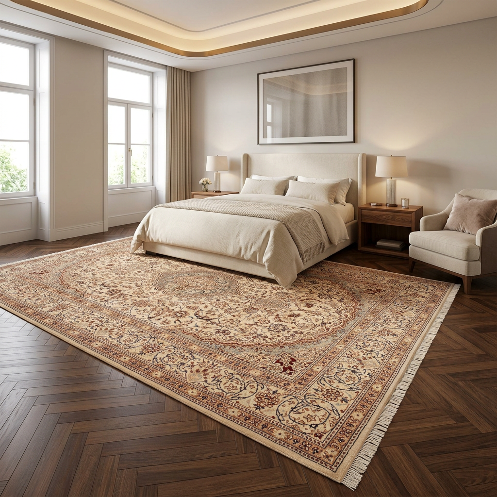 Schlafzimmer mit zwei schmalen Brücken zu beiden Seiten des Bettes
