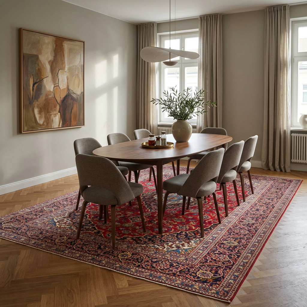 Esszimmer mit großem Orientteppich unter dem Tisch und allen Stühlen