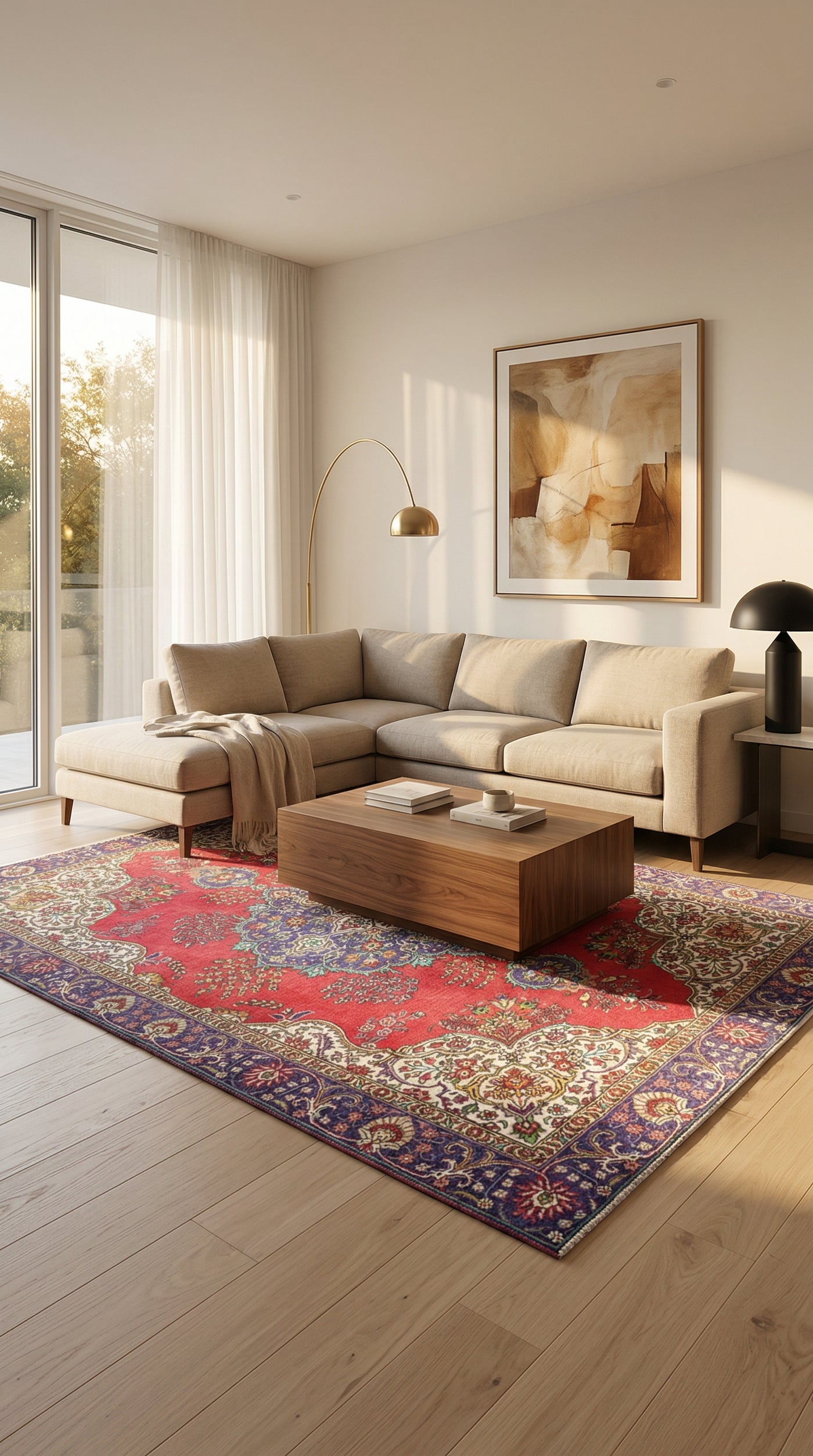 Modernes Wohnzimmer mit Orientteppich unter Sitzgruppe
